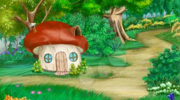 Fairy Tale Background with mushroom house. Digital Painting, Illustration in cartoon style character.