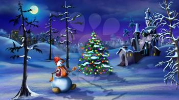 Snowman and Christmas Tree near a Magic Castle in a Fairy tale winter night Christmas Eve. Handmade illustration in a classic cartoon style.