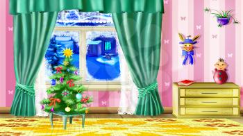 Beautiful Small Christmas Tree in a Living Room with furniture and toys.  Handmade illustration in a classic cartoon style.