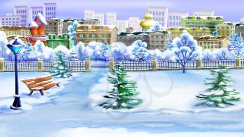 Winter Day in a City Park.  Handmade illustration in a classic cartoon style.