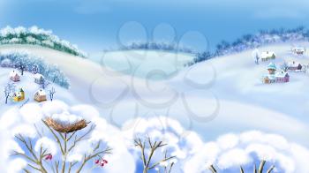 Romantic Rural Landscape in a Wonderful Frosty Winter Day.  Outdoor  New Year scene, handmade illustration  in a classic cartoon style.