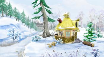 Snow Covered Green Pine Trees near a Fairy Tale House in a Winter day. Handmade illustration in a classic cartoon style.