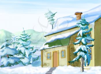 Snow Covered Vacation Home in a Snowy Winter Day. Handmade illustration in a classic cartoon style.