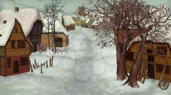 Winter Landscape of Old Dutch Village on a cloudy day.  Handmade illustration in a classic cartoon style.