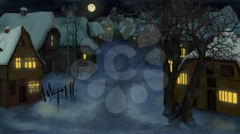 Winter Landscape of Old Dutch Village at dark Night. Handmade illustration in a classic cartoon style.