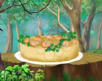 Mushroom Pie on a Stump in a Forest. Digital Painting Background, Illustration in cartoon style character.