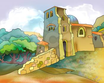 Old Medieval Fortress in Georgia. Digital Painting Background, Illustration in cartoon style character.