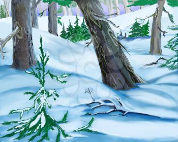 Snowdrifts  in a Winter Forest. Handmade illustration in a classic cartoon style.