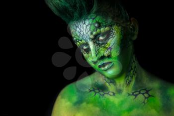 Fantastic Reptilian Girl. Creative Make up like Alien or Superhero Movie.
