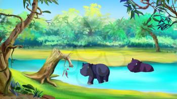 Little Hippo Emerges from the River in african sunny day. Digital painting  cartoon style full color illustration.