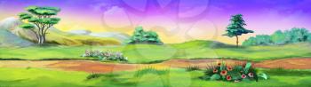 Rural Landscape with a Path against the Violet Sky in a Summertime. Digital Painting Background, Illustration in cartoon style character.