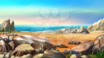 Rocky Shore Against Blue Sky in a Summer Day. Digital Painting Background, Illustration in cartoon style character.
