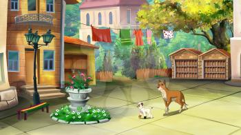Big Yellow Dog Walks with puppy are walking in a courtyard in a summer day.  Digital painting  cartoon style full color illustration.