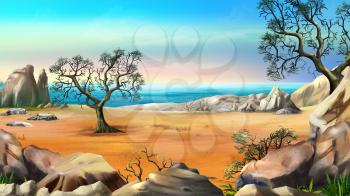 Rocky Shore with Lonely Tree Against Blue Sky in a Summer Day. Digital Painting Background, Illustration in cartoon style character.