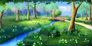 Idyllic View of the Small Bridge Over the Creek. Bushes and Flowers near a Water in a Public park. Digital Painting Background, Illustration in cartoon style character.