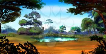 Idyllic View of the Small Pond on a Forest Glade Surrounded by Trees in a Sunny Summer day. Digital Painting Background, Illustration in cartoon style character.