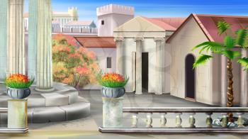 Antique courtyard in a summer sunny day. Digital painting background, Illustration in cartoon style character.