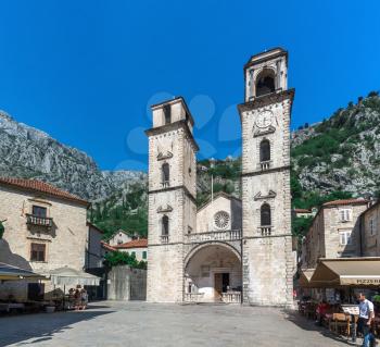 Kotor, Montenegro - 07.11.2018.  Roman Catholic Diocese of Kotor, cathedral of Saint Tryphon, in a sunny summer day