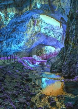 Extraterrestrial panoramic view inside mystic cave.  Davetashka cave in Bulgaria