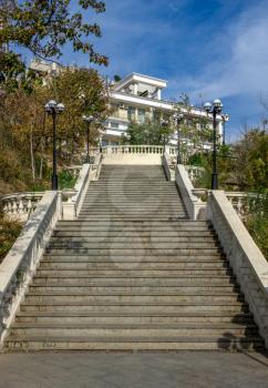 Odessa, Ukraine - 09.05.2019. Stairs to the sea in the resort of Arcadia in Odessa, Ukraine, on a sunny autumn day
