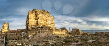 Nessebar, Bulgaria – 07.11.2019.  The ruins of the fortress wall and tower of the old town of Nessebar in Bulgaria on a summer morning