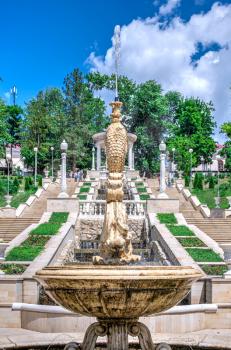 Chisinau, Moldova – 06.28.2019. Fountains and the cascading stairs near the Valea Morilor Lake in Chisinau, Moldova, on a sunny summer day