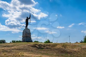 Zaporozhye, Ukraine 07.21.2020. Monument to Svyatoslav Igorevich in Voznesenovsky park in Zaporozhye, Ukraine, on a sunny summer morning