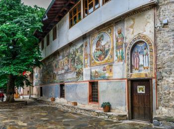 Asenovgrad, Bulgaria 24.07.2019. The Panorama mural of the Bachkovo Monastery of the Dormition of the Theotokos or Assumption of holy virgin in southern Bulgaria, on a cloudy summer day