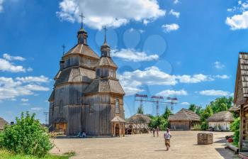 Zaporozhye, Ukraine 07.20.2020. Wooden church in the National Reserve Khortytsia in Zaporozhye, Ukraine, on a sunny summer day
