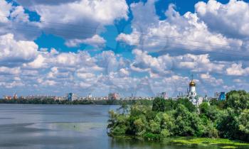 Dnipro, Ukraine 07.18.2020. Big size panoramic view of the Dnieper river and  embankment of Dnipro in Ukraine on a sunny summer morning