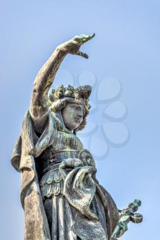 Ruse, Bulgaria - 07.26.2019. Sculpture of Liberty at the top of the monument in the city of Ruse, Bulgaria, on a sunny summer day
