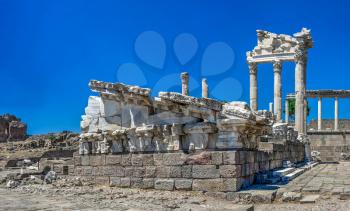 Ruins of the Temple of Dionysos in the Ancient Greek city Pergamon, Turkey. Big size panoramic view on a sunny summer day