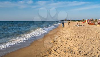 Berdyansk, Ukraine 07.24.2020. Sandy beaches on the Berdyansk Spit, Ukraine, on a sunny summer morning