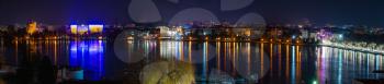 Ternopil, Ukraine 01.05.2020. Panoramic view of Ternopil pond and castle in Ternopol, Ukraine, on a winter night