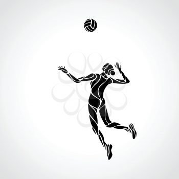 Stylized line design of a female volleyball player getting ready to spike the ball Volleyball player serving the ball - black vector silhouette. Modern simple volleyball logo. Eps 8
