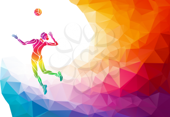 Creative silhouette of female volleyball player serving a ball. Beach sport, colorful vector illustration with background or banner template in trendy abstract colorful polygon style and rainbow back