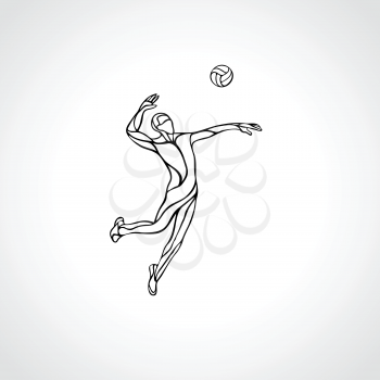 Volleyball player serving the ball - black vector outline silhouette. Modern simple volleyball logo. Eps 8