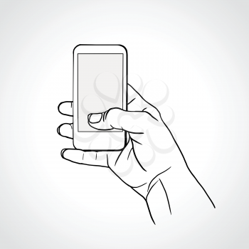 Hand Holding Mobile, arm with cell, line art drawing hand with mobile phone
