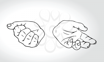 Two hands with open fist and close fist. Soncept of choice. Squeezed in a fist. Outline vector illustration