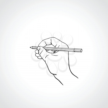 Vector illustration of a hand is writing with a pencil. Handwriting with a pencil, vector outline