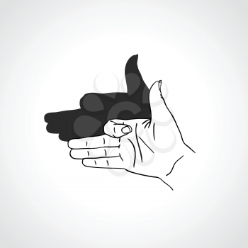 Hand gesture like dog face with shadow. Concept of make-believe danger. Outline vector illustration