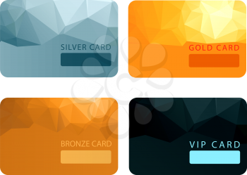 Gold, silver, bronze, VIP premium member cards in polygonal style. Gift, voucher or certificate, vector illustration