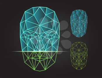 Face recognition - biometric security system. Face scanning, front view of human head. Vector illustration