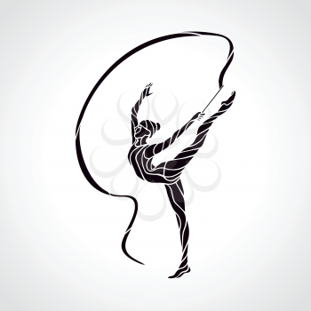 Creative silhouette of gymnastic girl. Art gymnastics with ribbon, black and white vector illustration