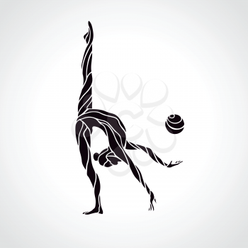 Creative silhouette of gymnastic girl. Art gymnastics with ball, black and white vector illustration