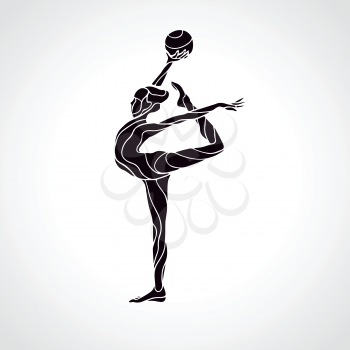 Creative silhouette of gymnastic girl. Art gymnastics with ball, black and white vector illustration