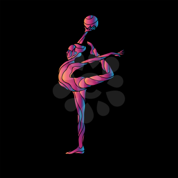 Creative silhouette of gymnastic girl. Art gymnastics with ball, illustration or banner template in trendy abstract colorful neon waves style. Vector illustration