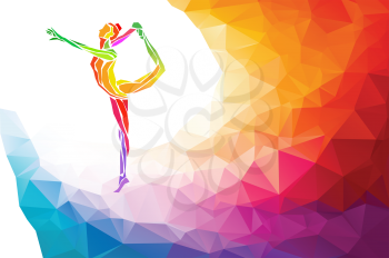 Creative silhouette of gymnastic girl. Art gymnastics, colorful vector illustration with background or banner template in trendy abstract colorful polygon style and rainbow back