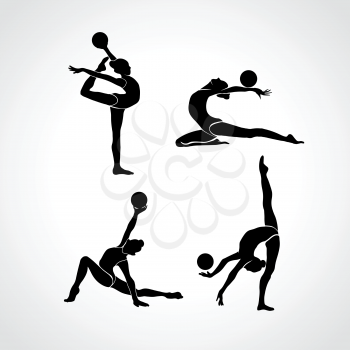 Collection 4 Creative silhouettes of gymnastic girls. Art gymnastics with ball, black and white vector illustration set