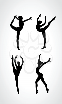 Collection 4 Creative silhouettes of gymnastic girls. Art gymnastics set, black and white vector illustration